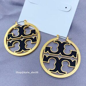 NEW Tory Burch Inlay Leather Miller Hoop Statement Earrings in Gold/BK Leather
